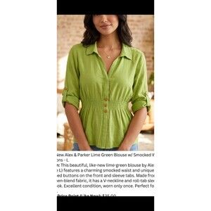 NWOT Women's Alex & Parker Lime Green Blouse Smock Waist & Heart Buttons L